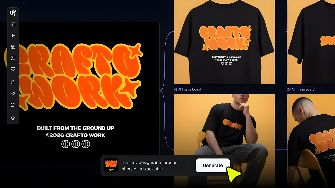 The Kittl design interface turning a merch graphic into product mockups