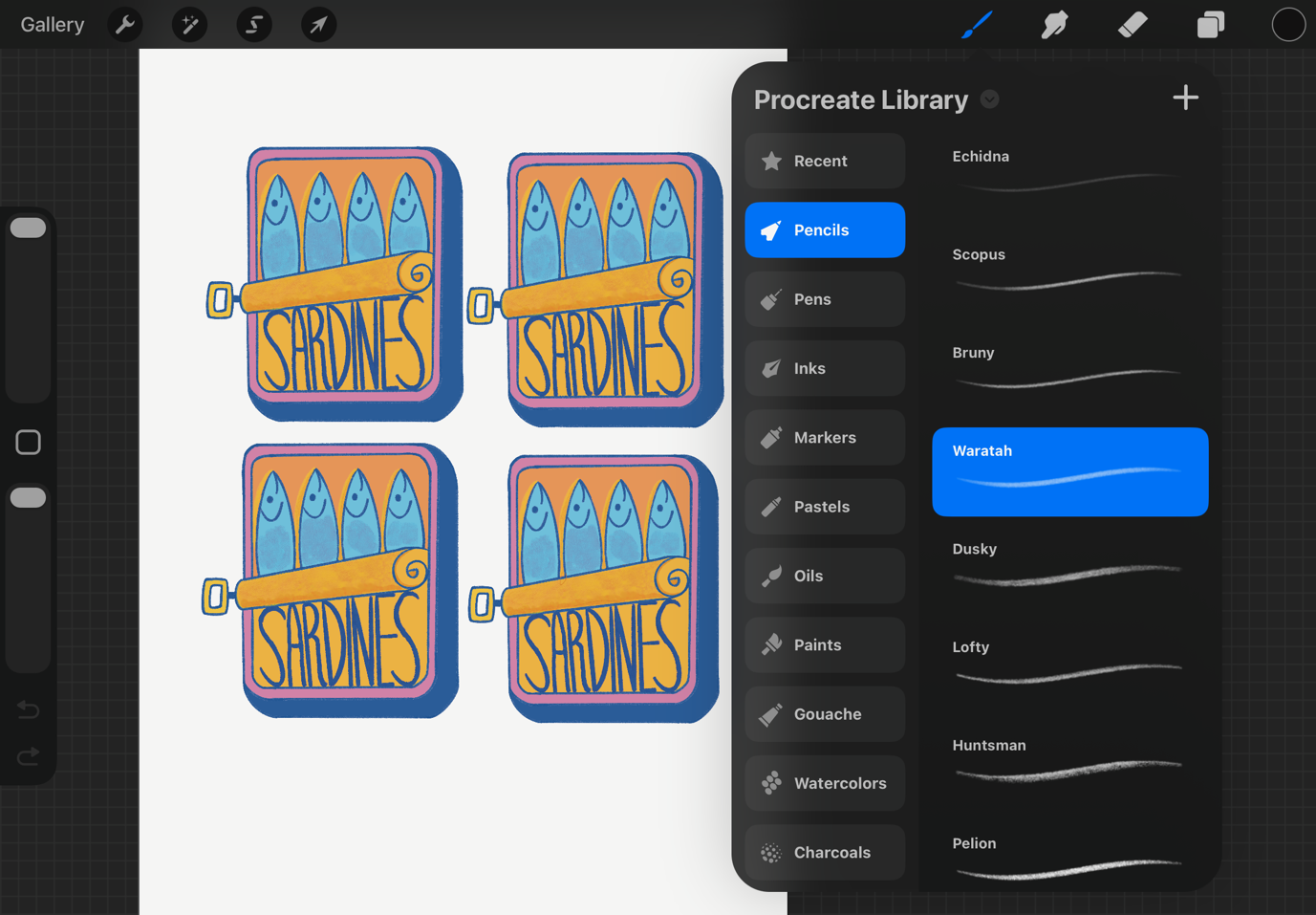 Procreate on an iPad with a hand-drawn sardine tin illustration repeated across the canvas