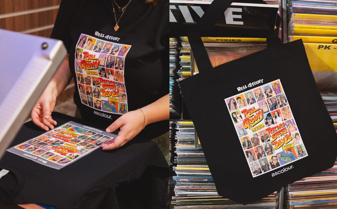 Record Store Day tee and tote, both pressed live with Supacolour transfers