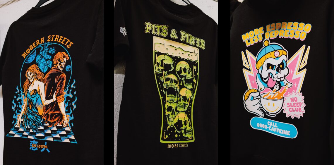 Three Modern Streets tees showing full-colour back prints pressed with Supacolour Wearable