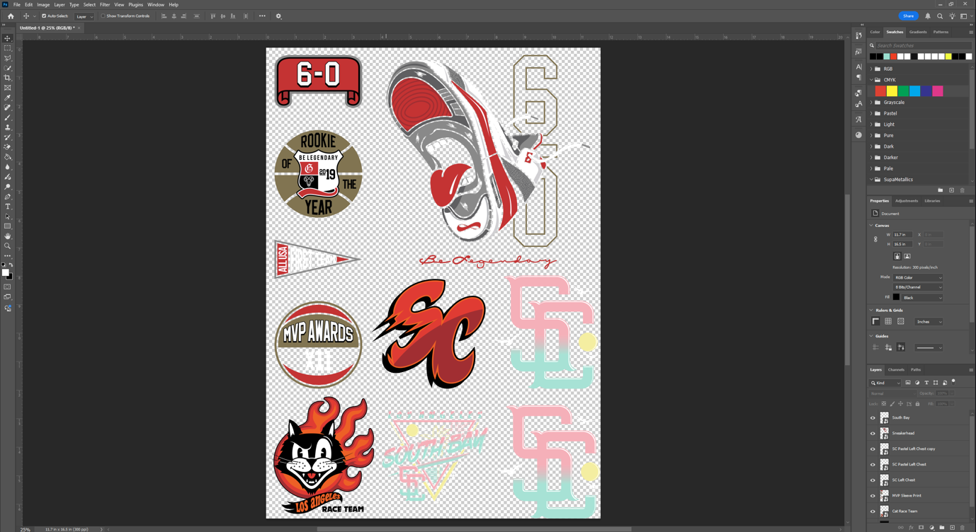 A sheet of transfer artwork laid out on a transparent background in Adobe Photoshop