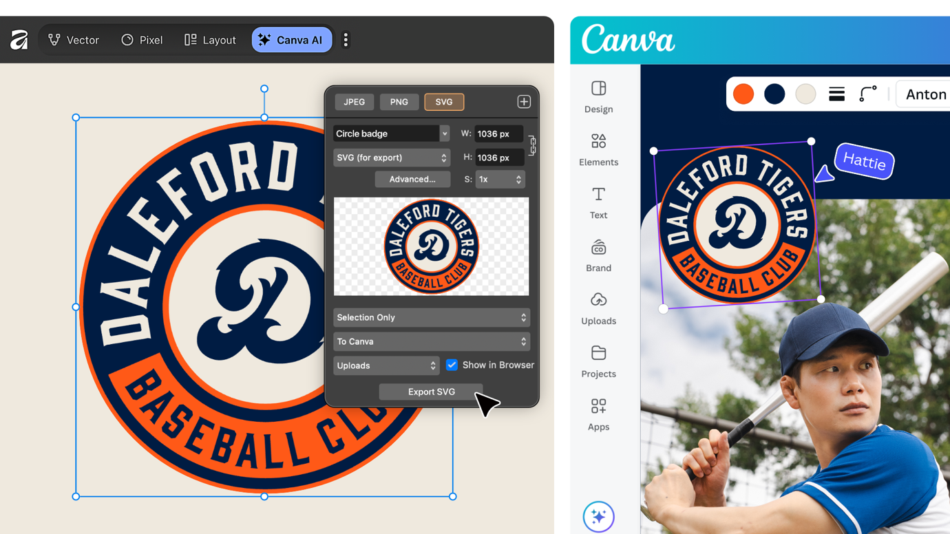 A vector club crest being exported as SVG from Affinity and placed in Canva
